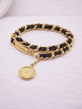 Authentic Chanel CC Chain Belt Black Leather Gold Medallion